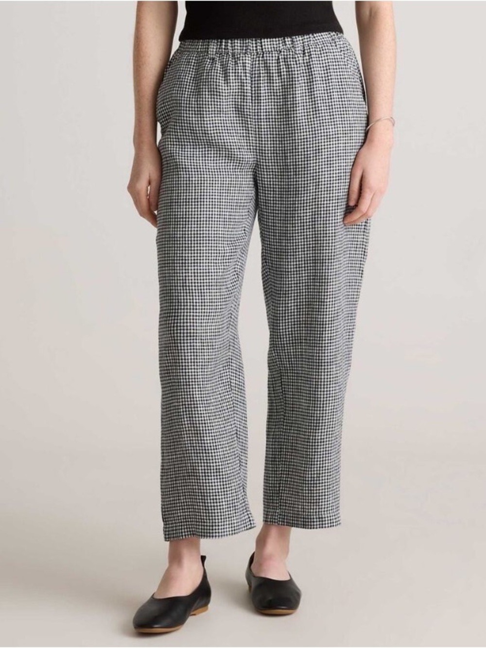 Quince Linen Gingham Elastic Waist Straight Leg Pant Black/white